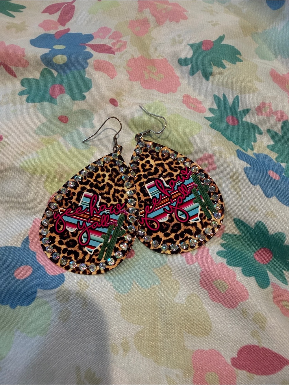 Teardrop Leopard Print Earrings with Pink Script & Green Cactus Accents